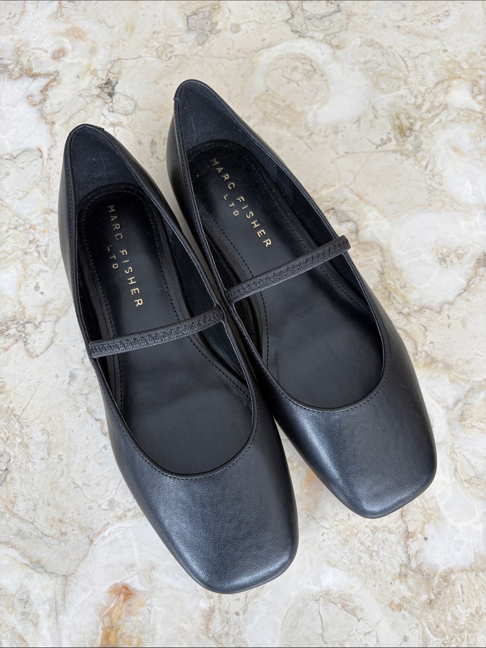 NWOT Marc Fisher LTD Leather Square-Toe Mary Jane Flats - Classic Black